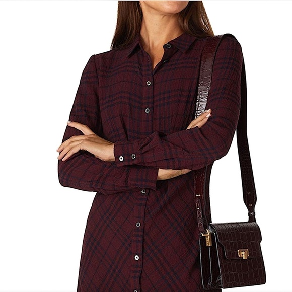 THAKOON COLLECTIVE Crinkle Crepe Plaid Dark Academia ShirtDress Maroon Designer - Picture 2 of 14